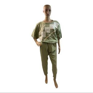 Women’s Vintage Green  Hand Painted 2 Piece Set, Cotton Top/Pants P Sz One Size.